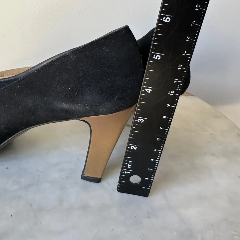 Stuart Weitzman Black Suede Pumps triangle gold heel size 8.5